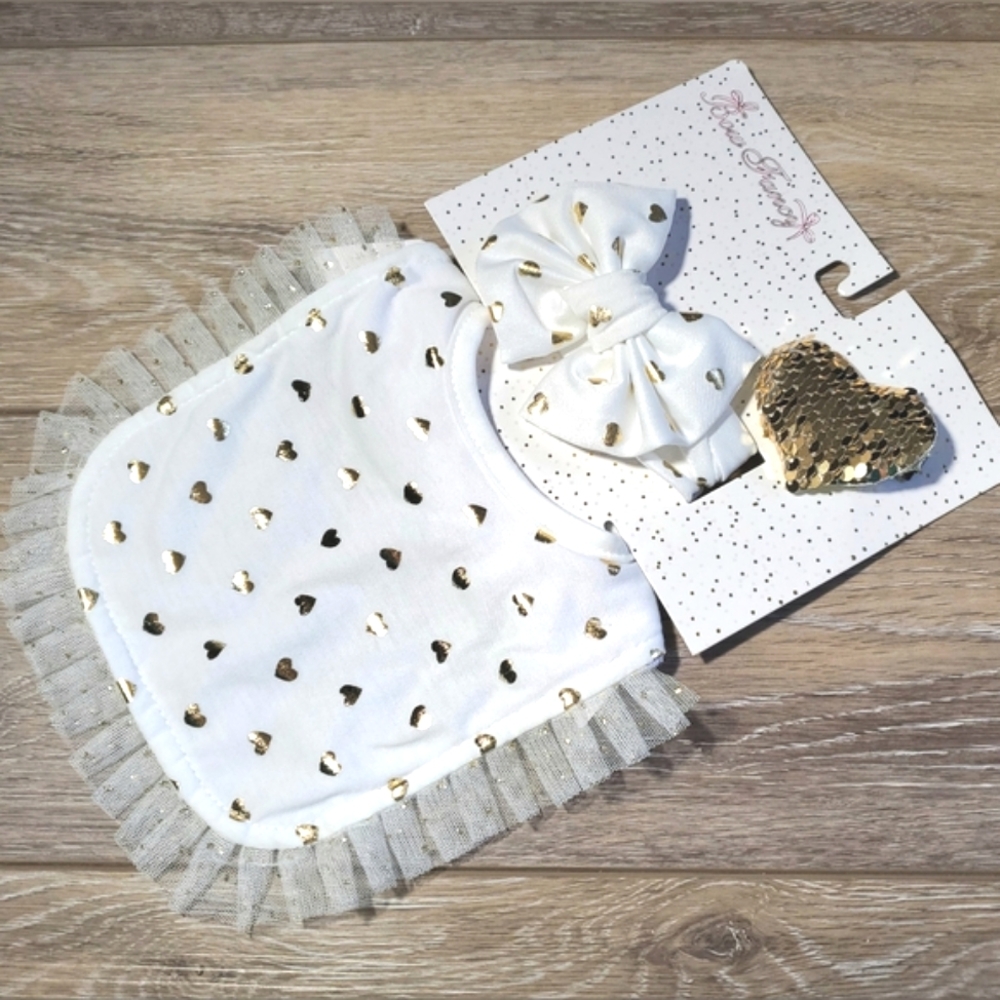 White And Gold Heart Baby Bib and Bow Set